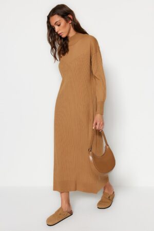 Trendyol Camel magas nyakú kötöttáru ruha