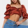 Trendyol Cinnamon Crop Lined Woven Satin Blouse