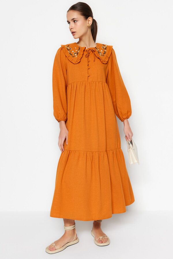 Trendyol Cinnamon Embroidery Detailed Linen Look Woven Dress