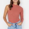 Trendyol Cinnamon Stand Collar Cutout Detail Single Sleeve Ribbed Flexible Knitted Snap Button Body