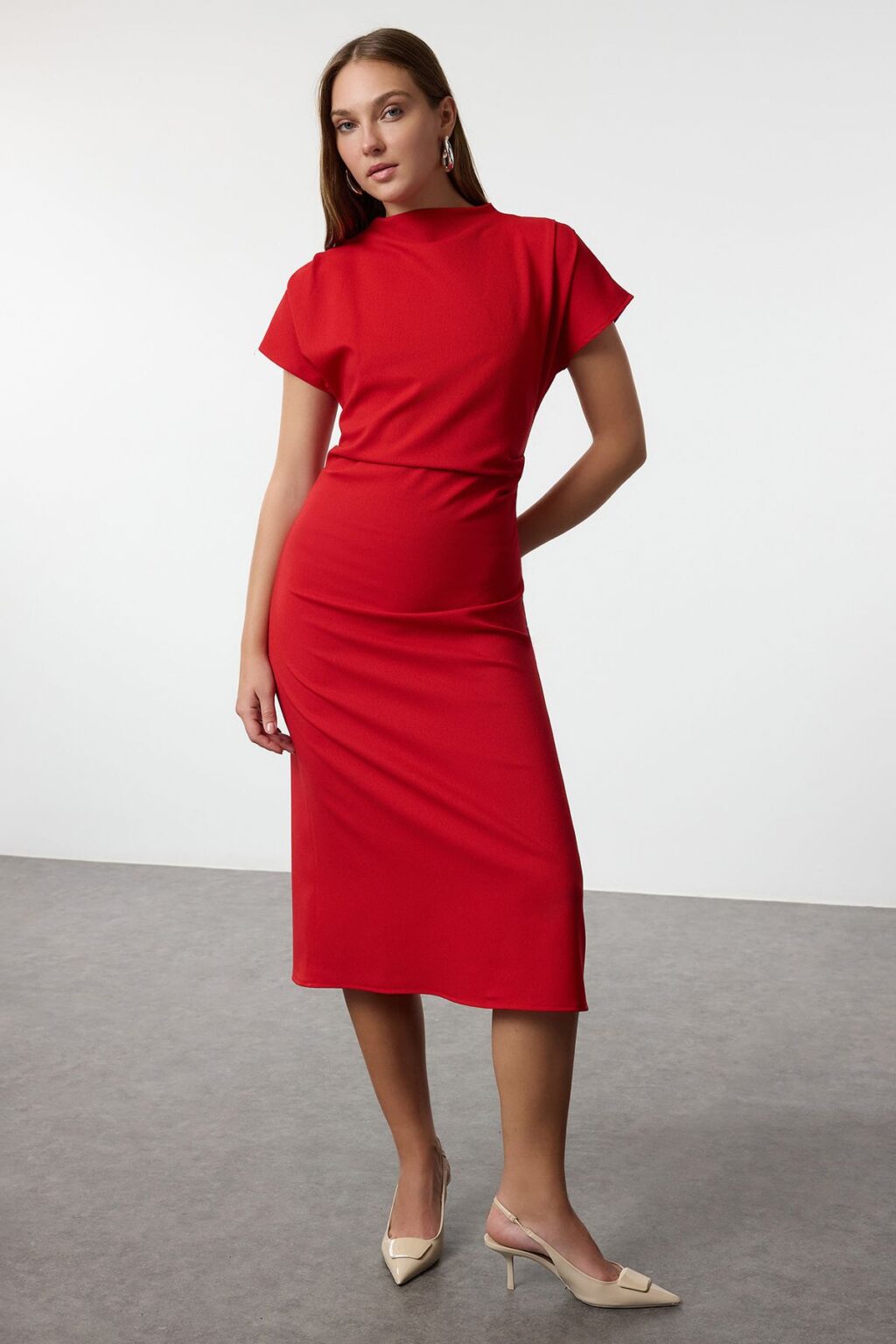 Trendyol Claret Red A-Line Cowl Neck Midi Crepe Woven Dress