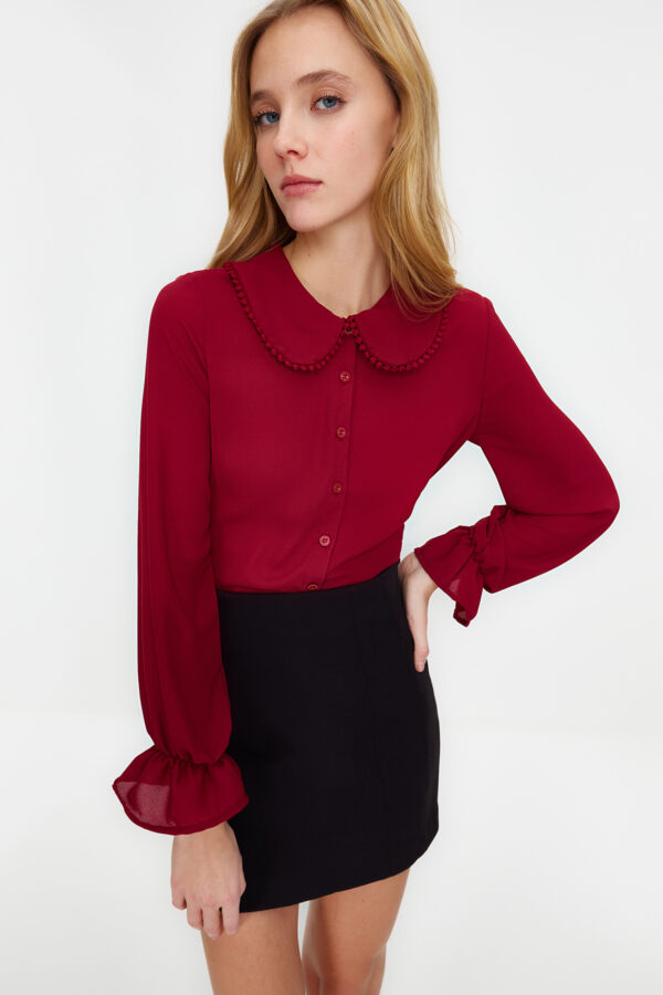 Trendyol Claret Red Baby Collar Pompom Detailed Regular Fit Woven Shirt