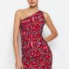 Trendyol Claret Red Floral Asymmetrical Collar Pleated Lined Mini Knitted Tulle Dress