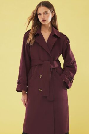 Trendyol Claret Red Oversize Belted Trench Coat