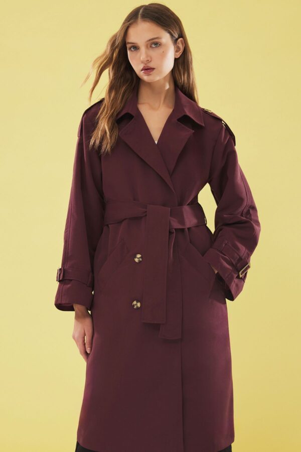 Trendyol Claret Red Oversize Belted Trench Coat