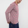 Trendyol Claret Red Oversize/Wide Cut Striped Crew Neck Long Sleeve Cotton T-Shirt