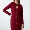 Trendyol Claret Red Plain Mini Straight Cut Button Detailed Crew Neck Mini Woven Dress