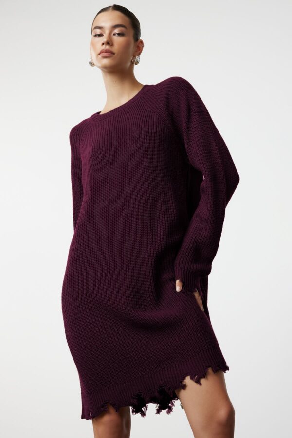 Trendyol Claret Red Plain Mini Wide Pattern Plain Knit Dress with Draping Detail