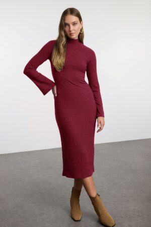 Trendyol Claret Red Plain Slit Midi Bodycone/Fits on the Body Elastic Ribbed Knit Dress