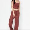 Trendyol Claret Red Printed Crop Strap Knitted Top and Bottom Set