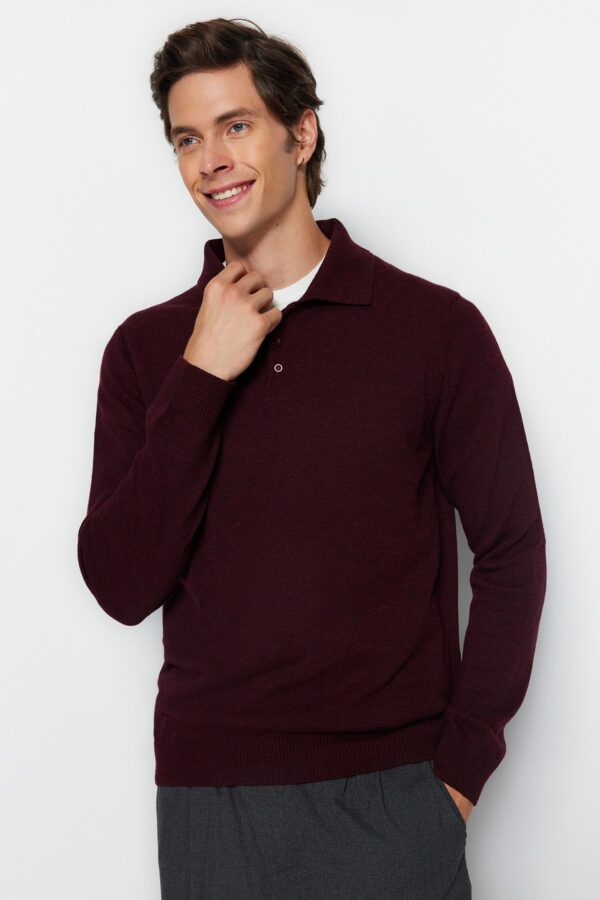 Trendyol Claret Red Slim Fit Wool Polo Collar Buttoned Smart Knitwear Sweater