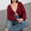 Trendyol Claret Red Super Crop Basic Bow Knit Cardigan