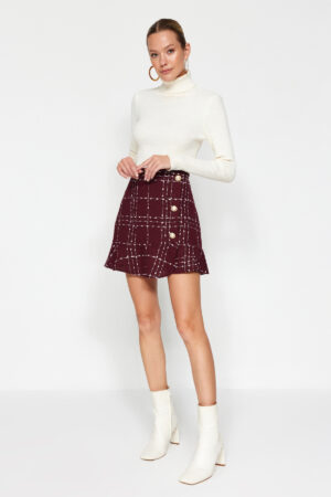 Trendyol Claret Red with Buttons and Tweed Fabric Hem with Ruffles