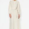 Trendyol Cream Belted Guipure and Ruffle Detailed Linen Blended Woven Dress