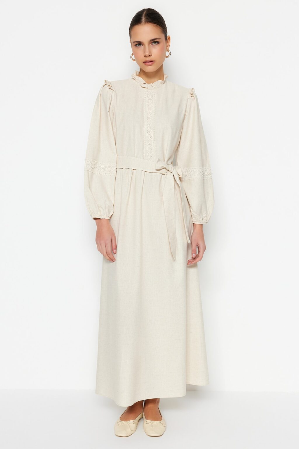 Trendyol Cream Belted Guipure and Ruffle Detailed Linen Blended Woven Dress