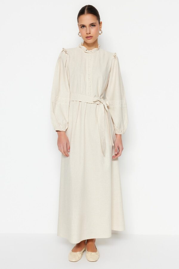 Trendyol Cream Belted Guipure and Ruffle Detailed Linen Blended Woven Dress