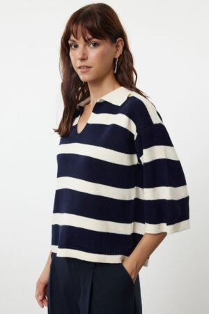 Trendyol Cream Polo Collar Basic Striped Knitwear Sweater