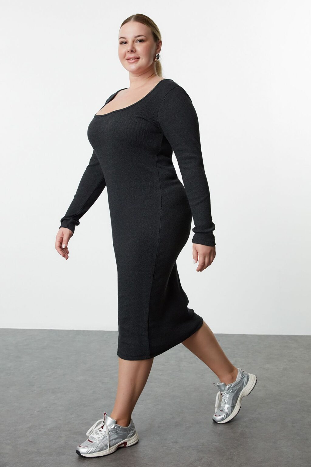 Trendyol Curve Anthracite Camisole Knitted Plus Size Dress