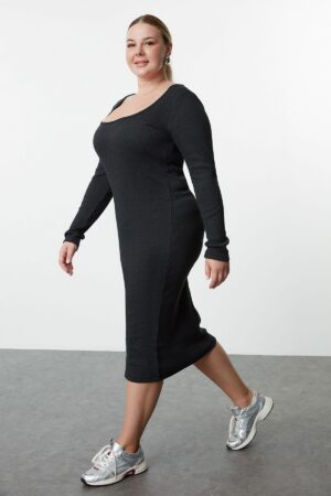Trendyol Curve Anthracite Camisole Knitted Plus Size Dress