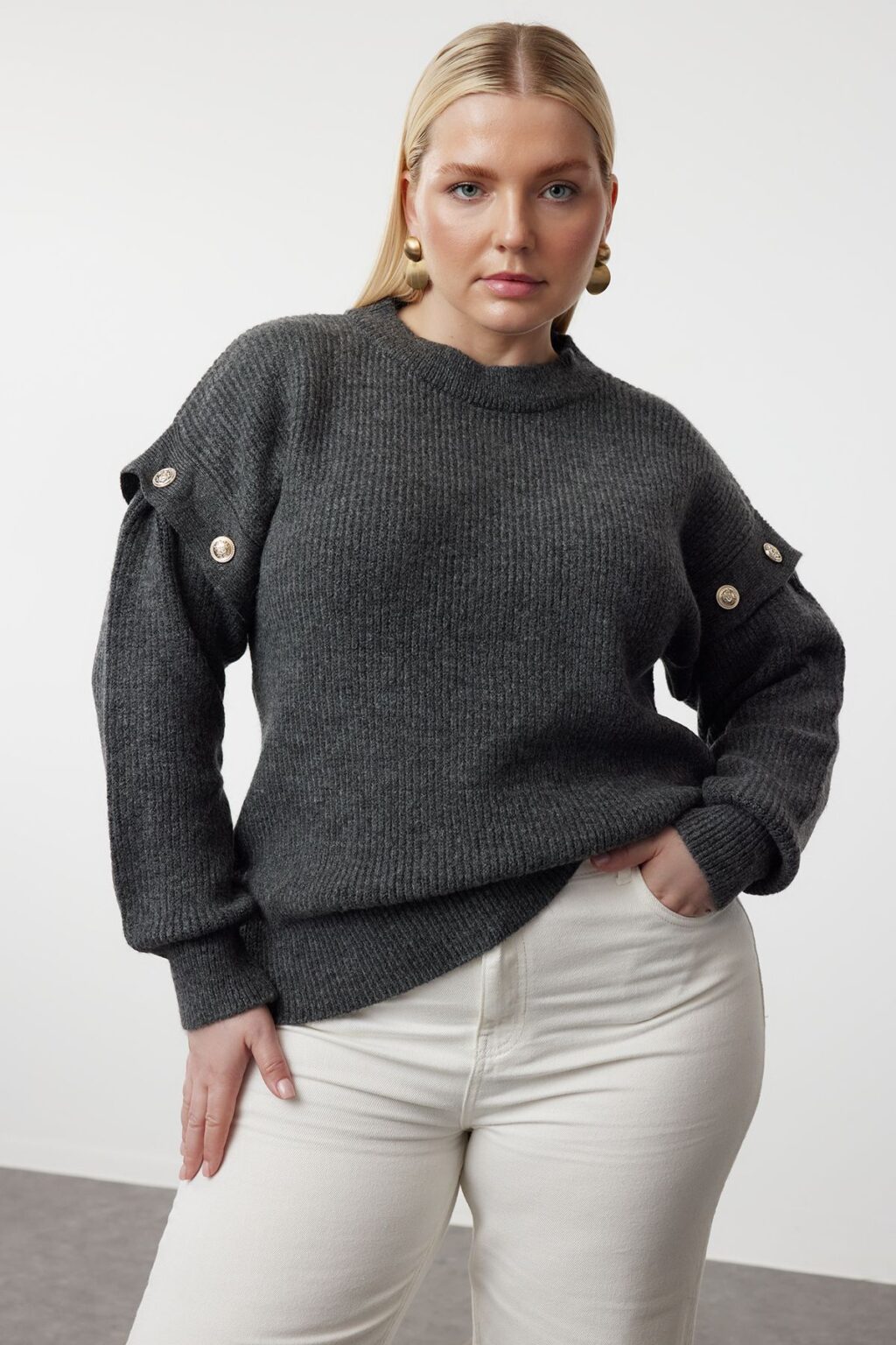 Trendyol Curve Anthracite Sleeves Removable Functional Knitwear Sweater
