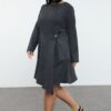 Trendyol Curve Anthracite Tweed Buckle Accessory Long Sleeve Woven Plus Size Dress