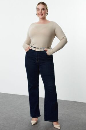 Trendyol Curve Beige 100% Cotton Body-fitting Long Sleeve Plus Size T-shirt