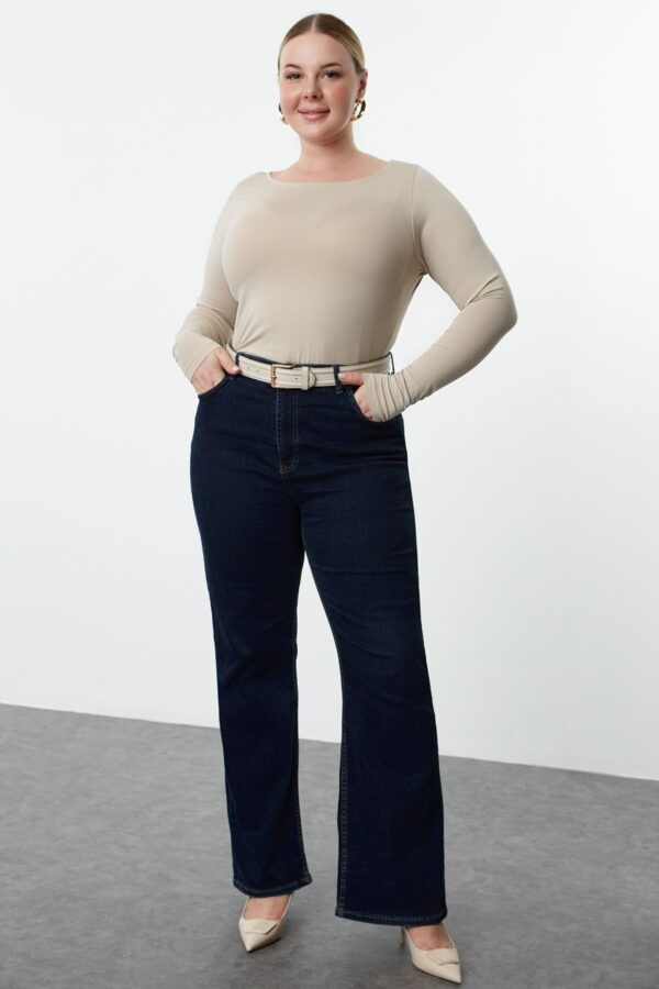 Trendyol Curve Beige 100% Cotton Body-fitting Long Sleeve Plus Size T-shirt
