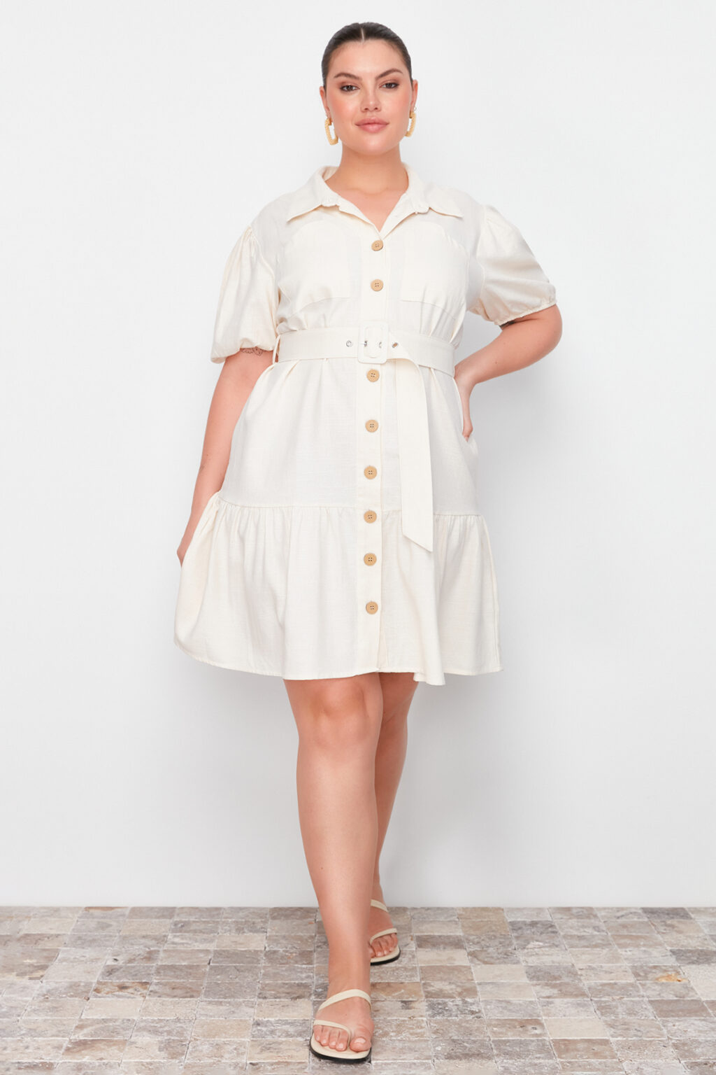 Trendyol Curve Beige Linen Look Belted Buttoned Shirt Dress