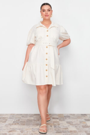 Trendyol Curve Beige Linen Look Belted Buttoned Shirt Dress