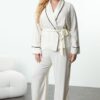 Trendyol Curve Beige Piping Detailed Double Breasted Viscose Woven Pajama Set
