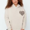 Trendyol Curve Beige Printed Hooded Thick Raised Knitted Sweatshirt
