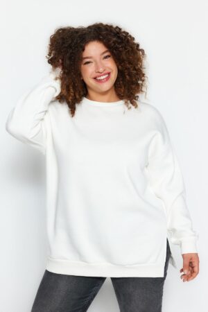 Trendyol Curve Beige Thick Polar Fleece Inside Slit Oversize Knitting Plus Size Sweatshirt