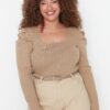 Trendyol Curve Beige Watermelon Sleeve Knitwear Blouse