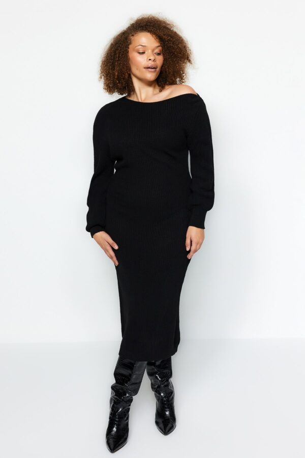 Trendyol Curve Black Asymmetric részletes kötöttáru ruha