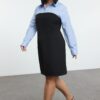 Trendyol Curve Black Bodycone Strapless Mini Woven Plus Size Blue-White Striped Shirt Dress