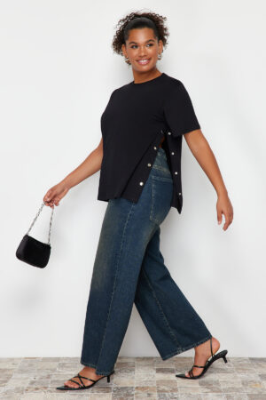 Trendyol Curve Black Boyfriend Fit Side Snap Detail 100% Cotton Knitted Plus Size T-shirt