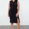 Trendyol Curve Black Button Detailed Slit Fitted Midi Woven Dress