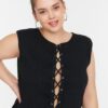 Trendyol Curve Black Corduroy Knitted Blouse with Eyelets and Lace Detail