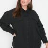 Trendyol Curve Black Cotton Long Sleeve Double Pocket Skirt Slit Poplin Woven Plus Size Shirt