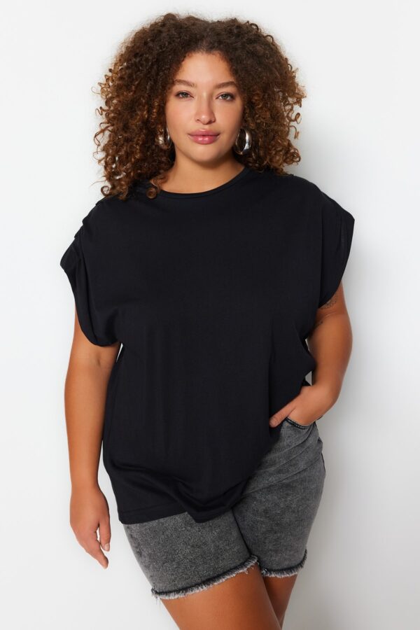 Trendyol Curve Black Crew Neck Basic 100% Cotton Knitted Plus Size Blouse