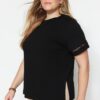 Trendyol Curve Black Crew Neck Lace Detailed 100% Cotton Knitted T-Shirt