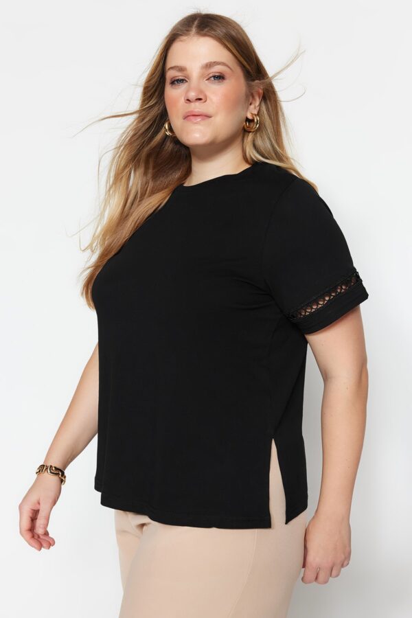 Trendyol Curve Black Crew Neck Lace Detailed 100% Cotton Knitted T-Shirt