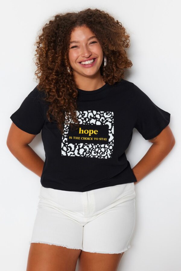 Trendyol Curve Black Crew Neck Printed 100% Cotton Knitted T-Shirt