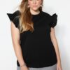 Trendyol Curve Black Crew Neck Ruffle Sleeves 100% Cotton Knitted T-Shirt