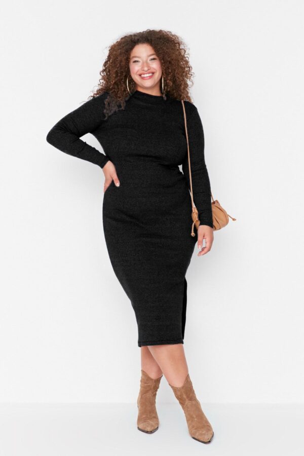 Trendyol Curve Black Crew Neck Slit Camisole Knit Plus Size Dress