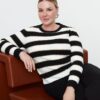 Trendyol Curve Black-Ecru Striped Crew Neck Knitwear Sweater