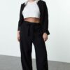 Trendyol Curve Black Elastic Elastic Waist Belted Wide Leg Woven Plus Size Trousers