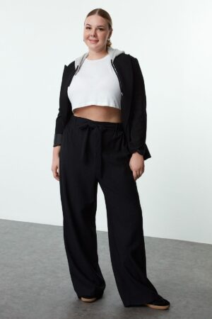 Trendyol Curve Black Elastic Elastic Waist Belted Wide Leg Woven Plus Size Trousers