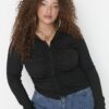 Trendyol Curve Black Fitted Gathered Knitted Shirt