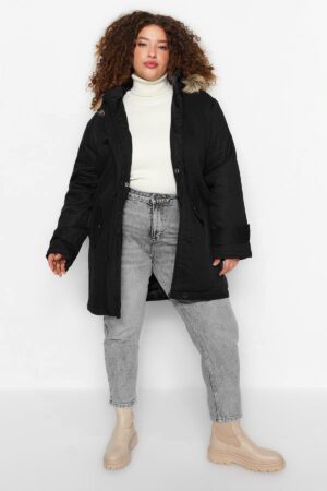 Trendyol Curve Black Fur Hooded Parka & Coat